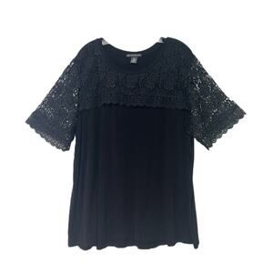 Adrianna Papell Black Knit Blouse 2XL Lace Accent Lace Sleeves Relaxed Soft